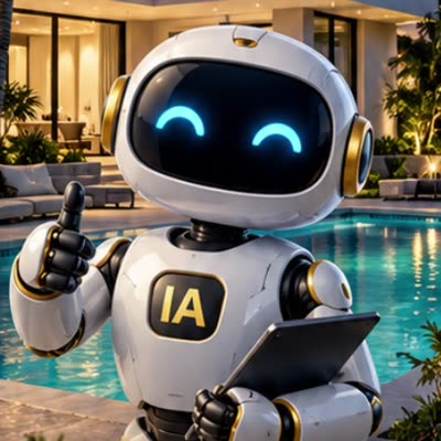 Robot asesor de IA con una tableta frente a una casa con piscina